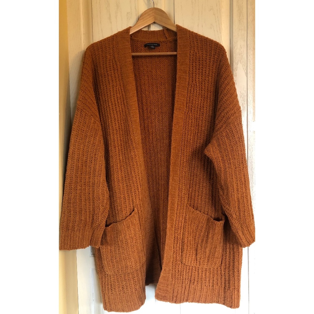 AE Caramel Velvet Knit Cozy Thigh Length Cardigan